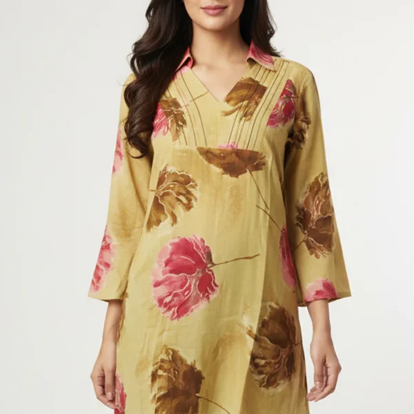 Minimalist Butter Yellow A-Line Top in Pure Cotton Featuring Elegant Floral Prints