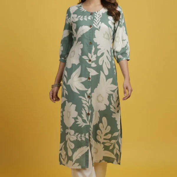 Green Comfortable & Trendy A-Line Kurti in Pure Cotton Fabric with Floral Design