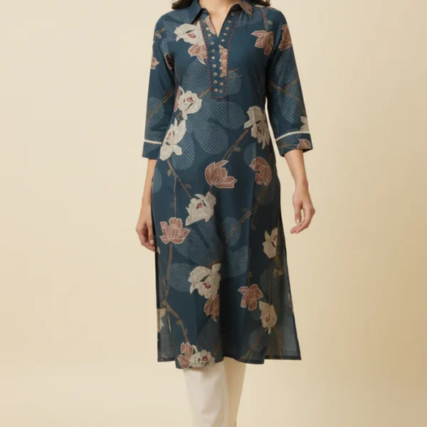 Beautiful Dark Blue Pure Cotton Kurti Featuring Straight Silhouette with Floral Prints