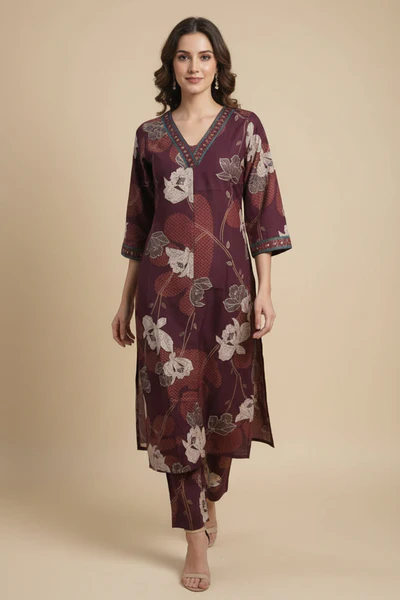 Wine Blossom Woven Rayon A-Line Festive Top and Bottom Ensemble