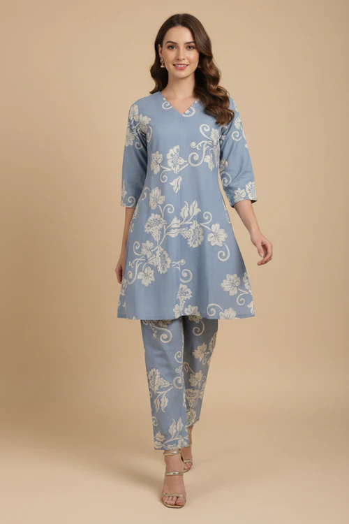 Lightweight Sky Blue Pure Cotton Top Bottom Set Highlighted with Floral Prints