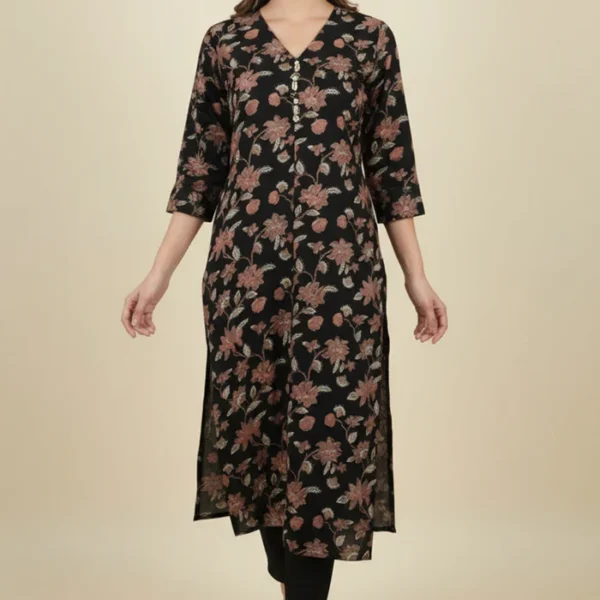 Ebony Black Bloom Rayon Straight Kurti with Floral Design
