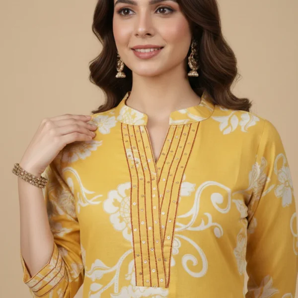 Stylish Yellow Floral Printed Kurti in Soft Pure Cotton with Embroidered Neck Detailing
