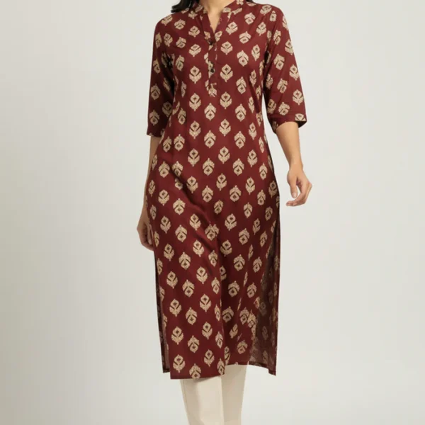 Comfortable Maroon Floral Print Straight Kurti Made in Rayon Fabric