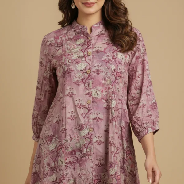 Pink Lightweight Rayon Straight Office Top with Elegant Floral Patterns