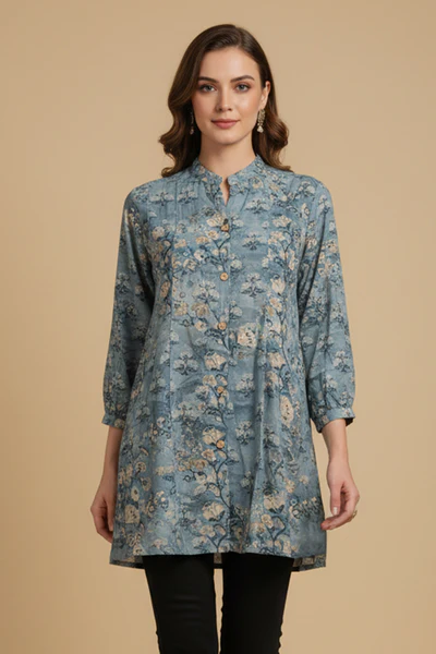 Blue Lightweight Rayon Straight Office Top with Elegant Floral Patterns