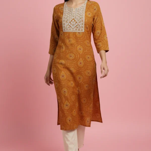 Mustard Bandhani Rayon Straight Kurti with Traditional Print