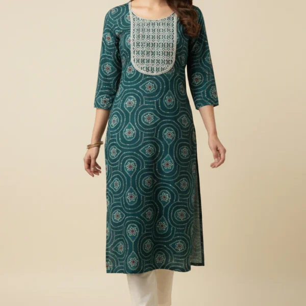 Teal Bandhani Rayon Straight Kurti with Traditional Print