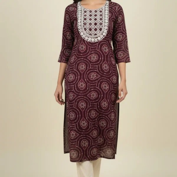 Wine Bandhani Rayon Straight Kurti with Traditional Print