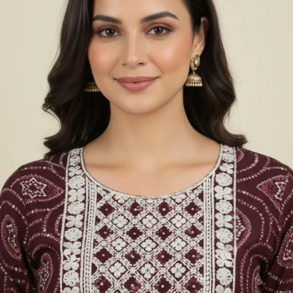Maroon Bandhani With Embroidered Rayon Straight Kurti
