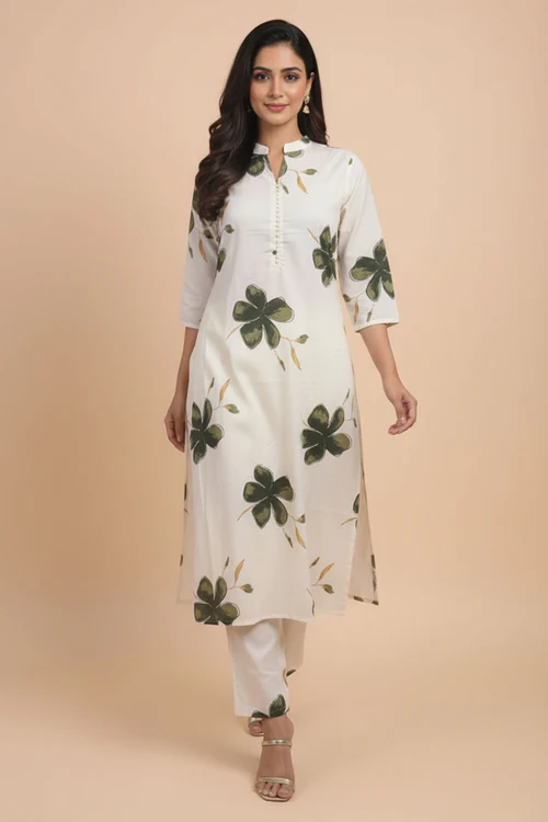Off White Floral Printed Cotton Set Including Comfortable Top and Matching Bottom