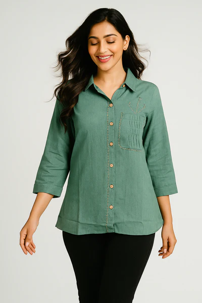 Green Pure Cotton Shirt Top with Embroidery Accent