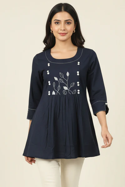 Navy Blue Cotton Tunic Top Featuring Embroidery Accents