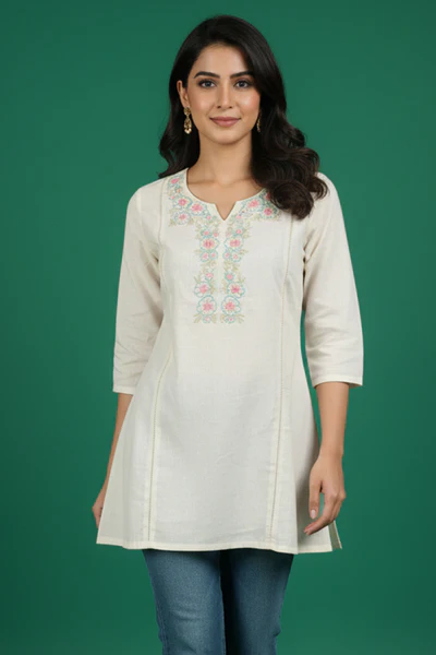 White Floral Embroidered A-Line Top in Pure Cotton