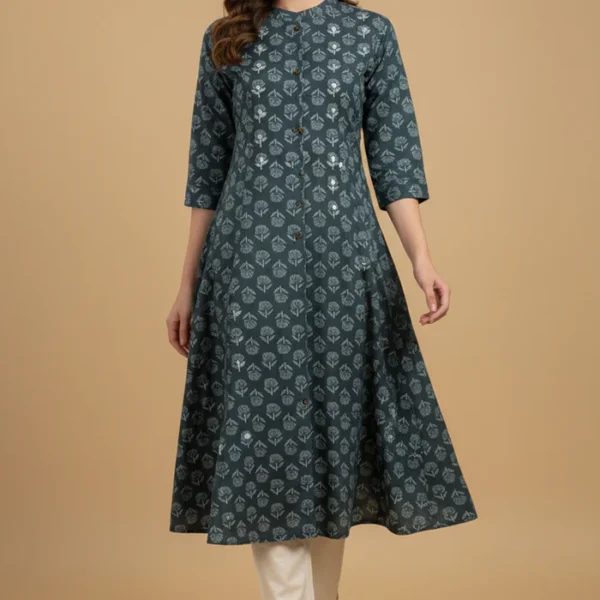 Lightweight Teal Floral Printed A-Line Kurti Perfect for Everyday Styling and Comfort