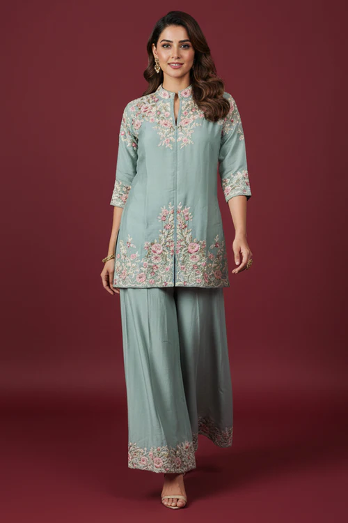 Sky Blue Heavy Embroidered Chinon Top & Bottom Set with Thread Work Detailing
