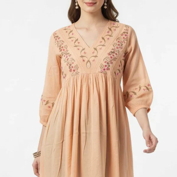 Light Peach Floral Embroidered Rayon A-Line Top