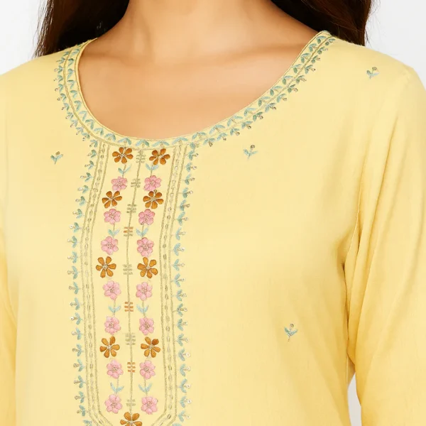 Lemon Yellow Rayon Straight Kurti with Heavy Floral Threadwork