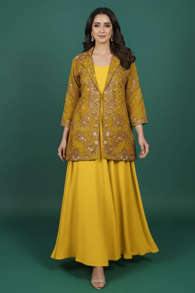 Luxe Mustard Solid Chanderi Silk Co-Ord Set with Ornate Embroidered Coat