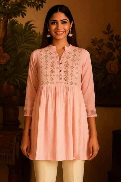 Pink Heavy Rayon Tunic Top with Delicate Floral Embroidery
