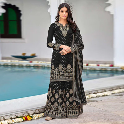 Black Partywear Sequins & Embroidered Faux Georgette Salwar Suit