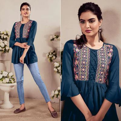 Blue Casual Wear Embroidered Rayon Top