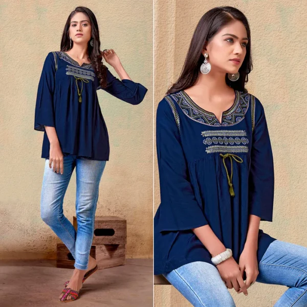 Blue Casual Wear Floral Embroidered Rayon Top