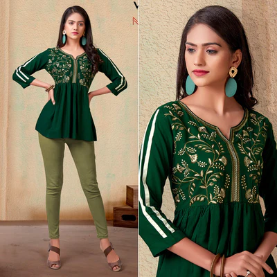 Bottle Green Casual Wear Floral Embroidered Rayon Top