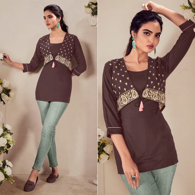 Brown Casual Wear Floral Embroidered Rayon Top