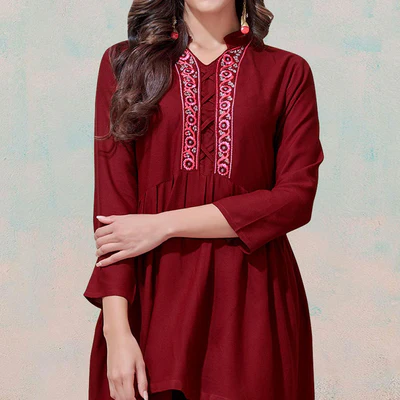 Classy Maroon Colored Partywear Embroidered Rayon Western Top