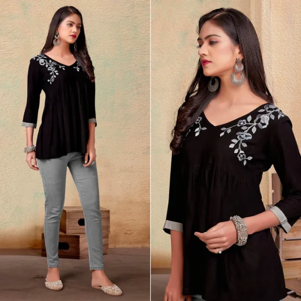 Coffee Casual Wear Floral Embroidered Rayon Top