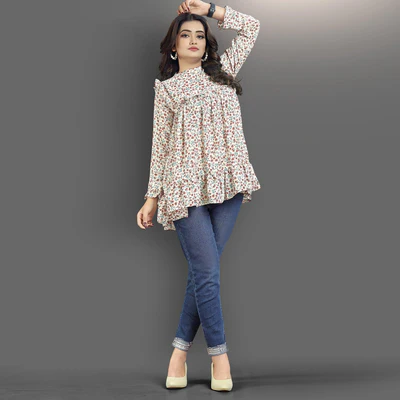 Cream-Red Casual Wear Floral Printed Lycra Top