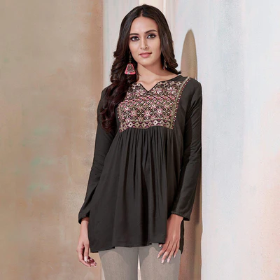 Exceptional Blackish Gray Colored Partywear Embroidered Rayon Western Top