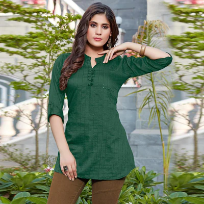 Green Sequins Embroidered Cotton Silk Top