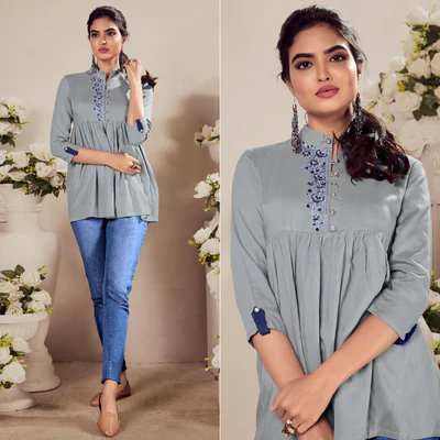 Grey Casual Wear Floral Embroidered Rayon Top