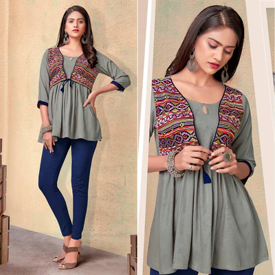 Grey Casual Wear Floral Embroidered Rayon Top