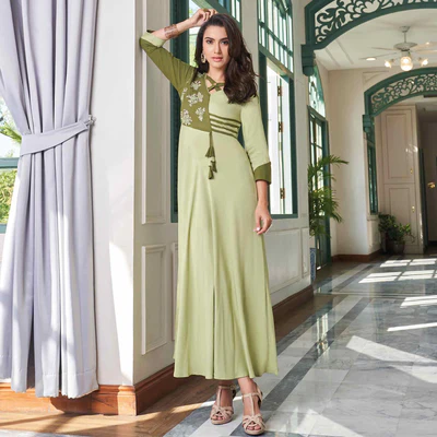 Magnetic Light Olive Green Colored Party Wear Embroidered Rayon Long Kurti
