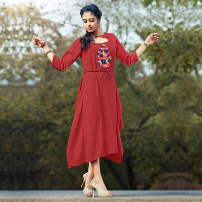 Maroon Floral Embroidered Pure Cotton Kurti