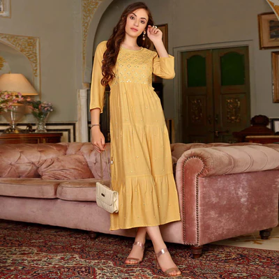 Mustard Embroidered Cotton Blend Kurti