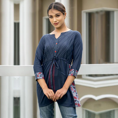 Navy Blue Printed Pure Cotton Top
