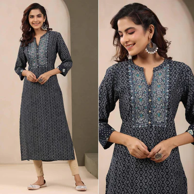 Navy Blue Printed With Embroidered Chanderi Kurti