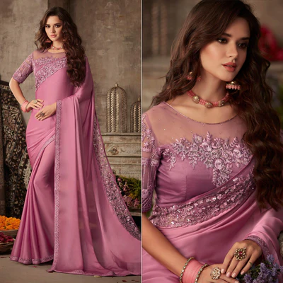 Pink Floral Sequins Embroidered Art SIlk Saree