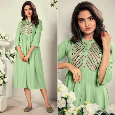 Pista Green Casual Wear Embroidered Rayon Maternity Kurti