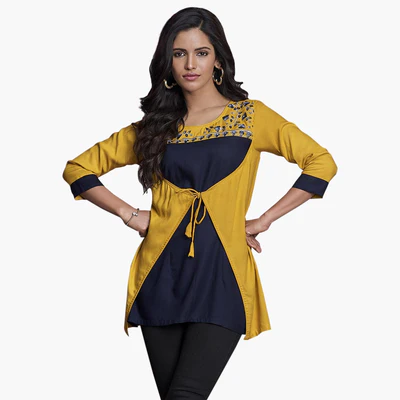 Refreshing Yellow-Navy Blue Colored Partywear Embroidered Rayon Western Top