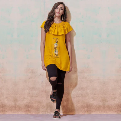 Starring Yellow Colored Partywear Embroidered Rayon Western Top