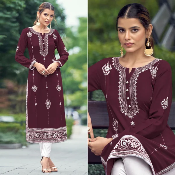 Wine Floral Embroidered Rayon Kurti