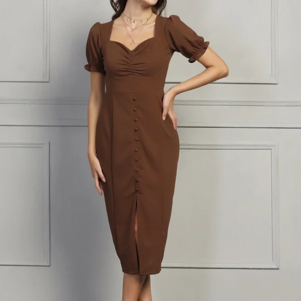 Sweetheart Buttoned Dress - Chocolate Brown