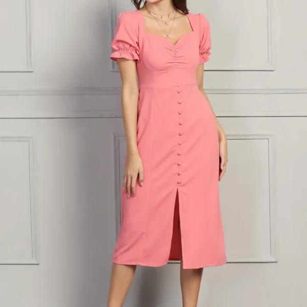 Sweetheart Buttoned Dress - Pink