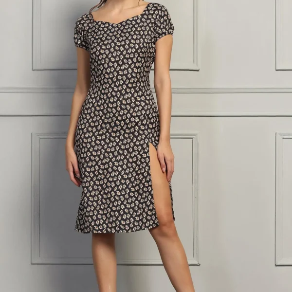 Floral Slit Dress - Black