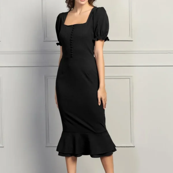 Black Puff Sleeves Dress with Button Detailing